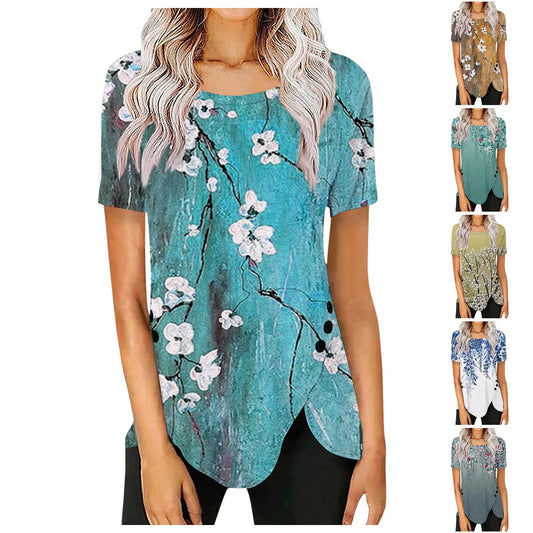 Women's Retro Button Gradient Printing Round Neck Shorts
