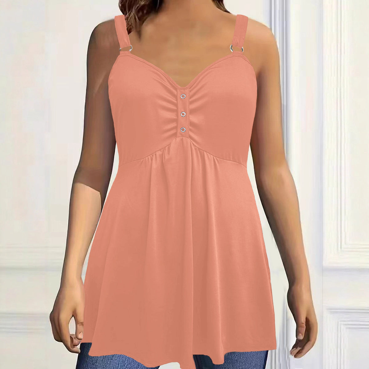 Versatile Solid Color Wide Shoulder Strap Pleated Large Vests