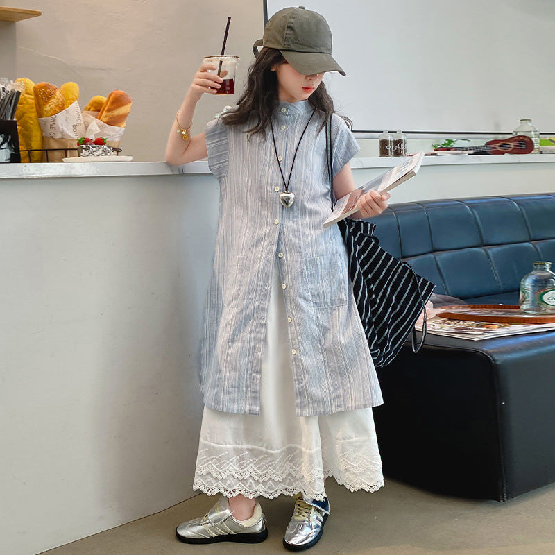 Children's Summer Floral Suit Korean Medium Big Thin Bandage Striped Children's Dress
