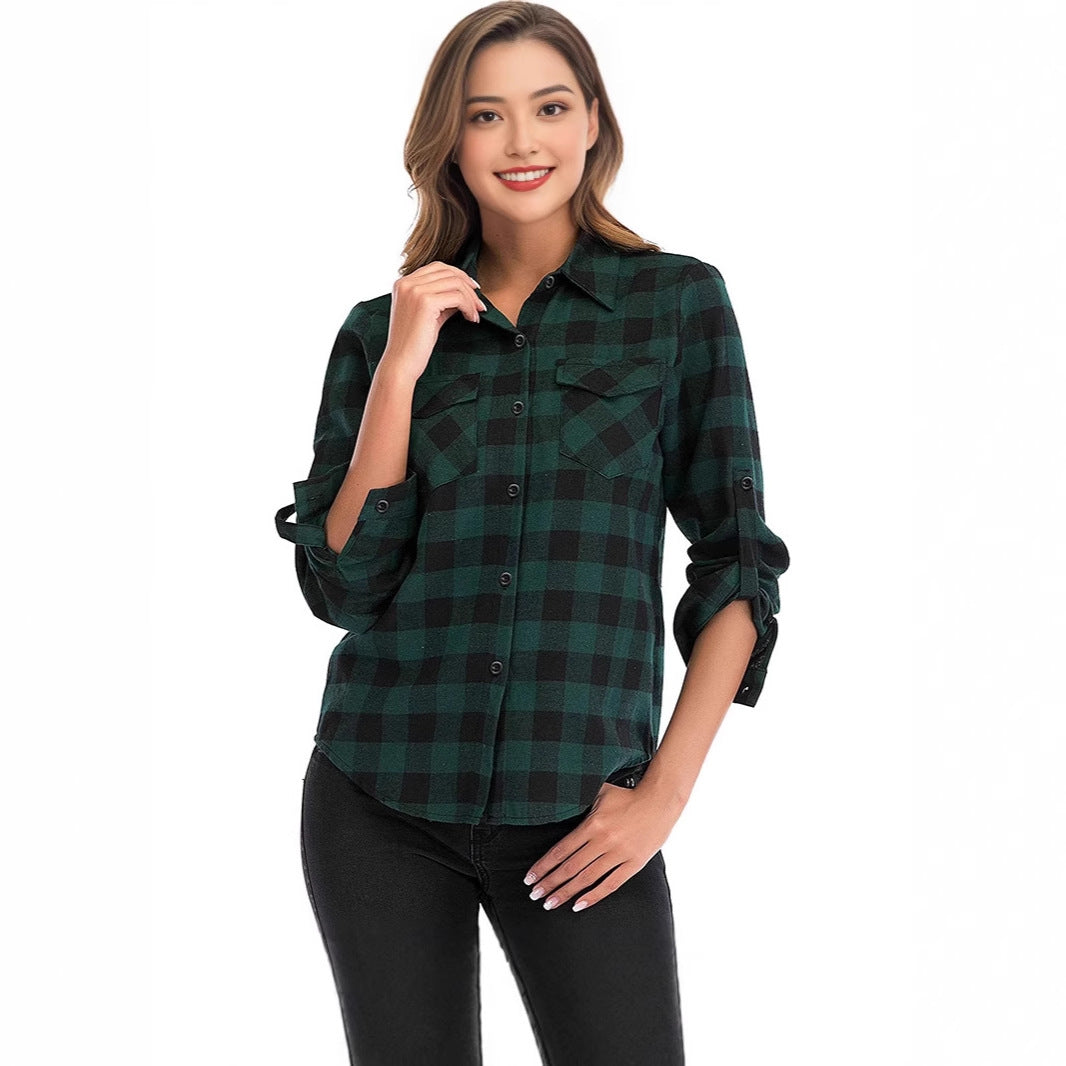 Women's Plaid Shirt Lapel Casual Fashion Double Pocket Long Blouse