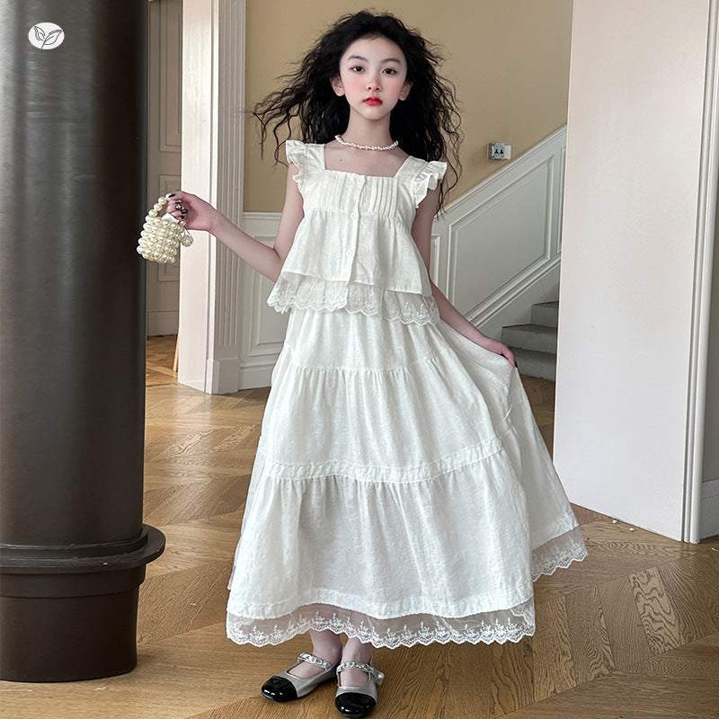 French Embroidery Summer Middle Big Flying Sleeve Top A- Line Children's Suit