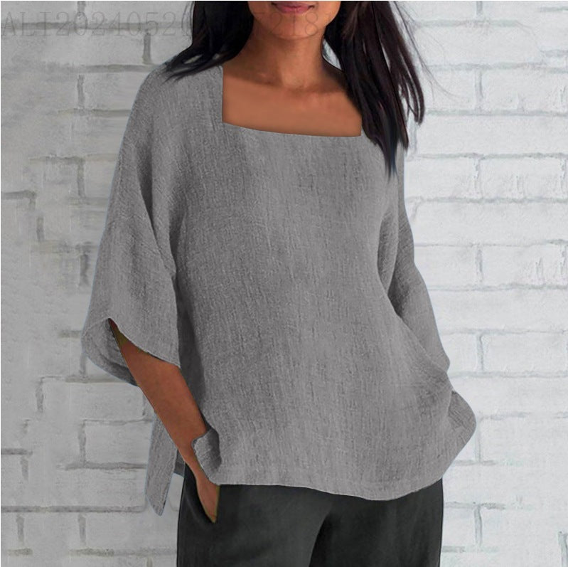 Women's Three-quarter Sleeve Square Collar Cotton Linen Blouse