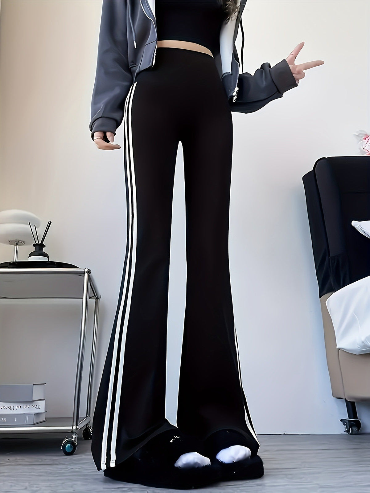 Women's Side White Stripe Sports Bell-bottom Loose Casual Pants