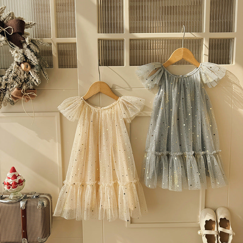 Children's Sweet Birthday Star Mesh Korean Princess Flounced Sleeve Bubble Children's Dress