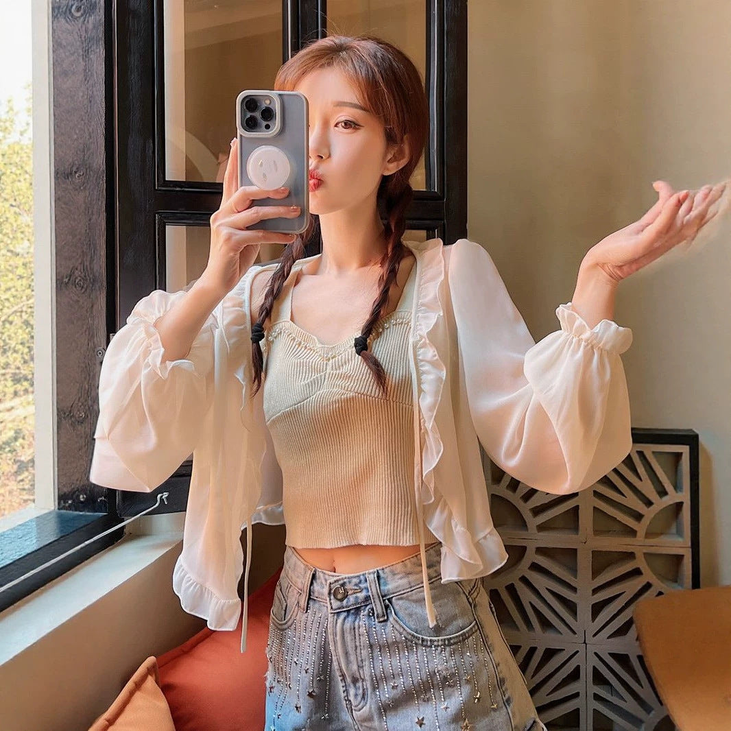 Women's Thin Summer Loose Long Sleeve With Suspender Distribution Strictly Lace Shirt, Chiffon Shirt