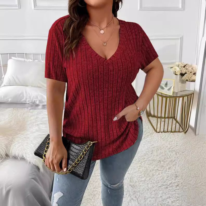 Women's Solid Color Elegant Sunken Stripe Sleeve Women's T-shirt