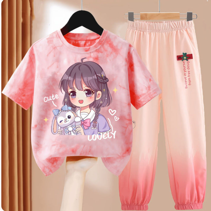Clothes T-shirt Medium Large Short Sleeved Ice Silk Trousers Two-piece Children's Suit