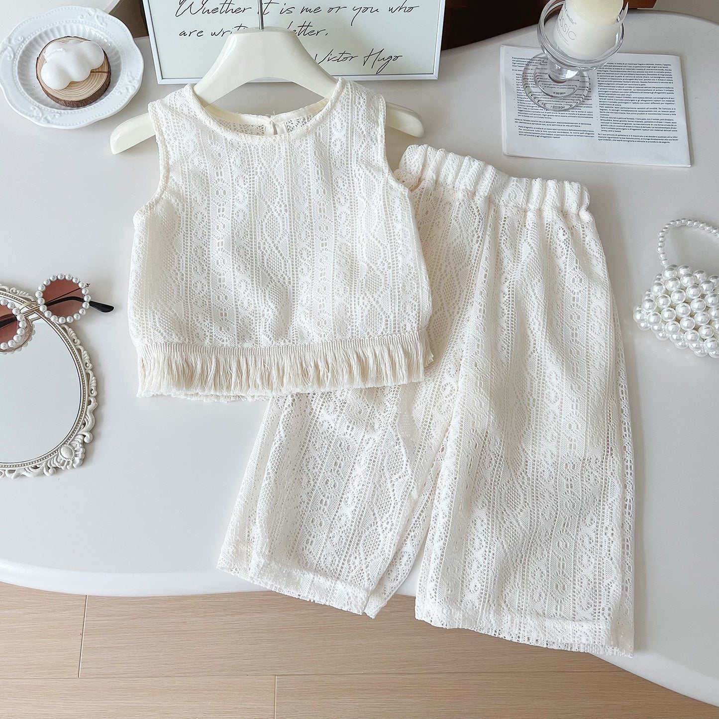 Summer Korean Style Lace Mesh Flower Vest Pants Refreshing Children's Suit