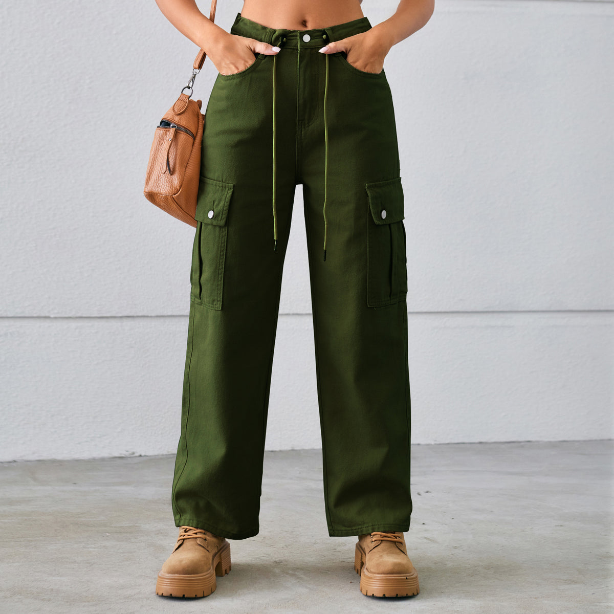 Women's Denim Drawstring Adjustable Washed Cargo Trousers Casual Pants