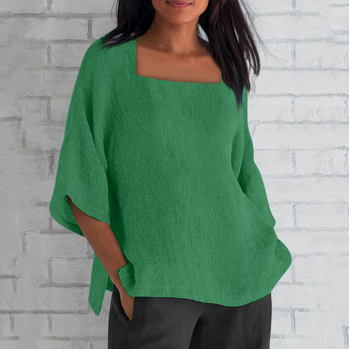 Women's Three-quarter Sleeve Square Collar Cotton Linen Blouse