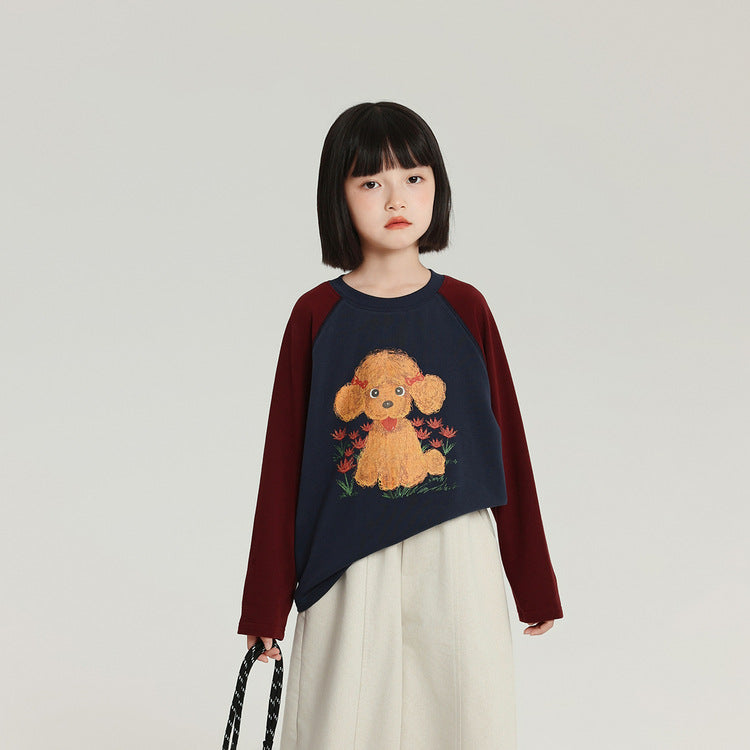 Children's Pudding Long-sleeved Cartoon Printed Raglan Sleeve Children's T-shirt