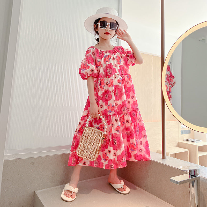 Children's Big Flower Summer Loose Western Style Korean Floral Lazy For Children's Dress