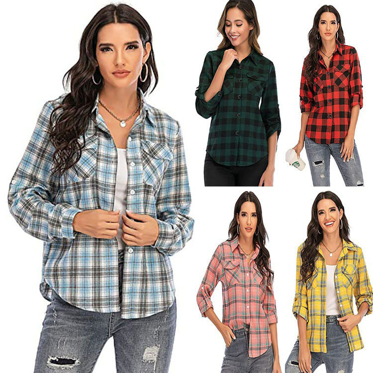 Women's Plaid Shirt Lapel Casual Fashion Double Pocket Long Blouse