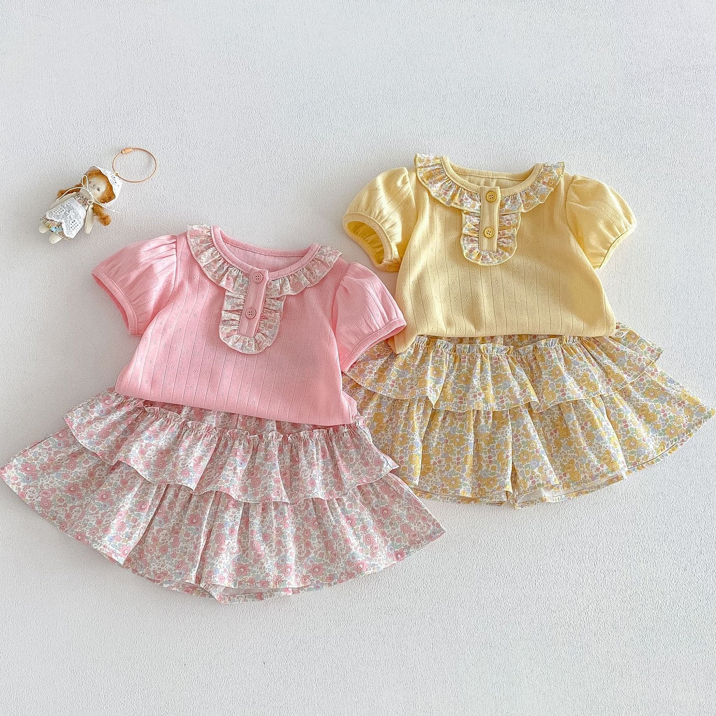 Collar Summer Korean Style Puff Sleeve Top Cute Floral Skirt Children's T-shirt
