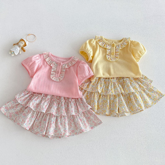 Collar Summer Korean Style Puff Sleeve Top Cute Floral Skirt Children's T-shirt