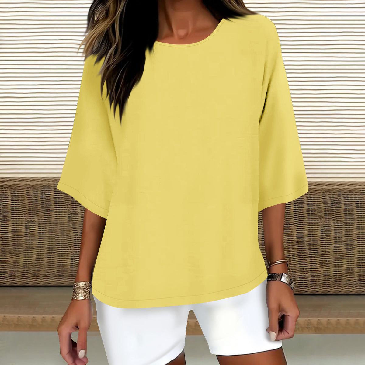 Women's Three-quarter Sleeve Round Neck Cotton Linen Blouse