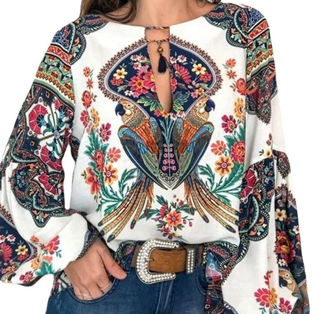 Women's Special Digital Printed Round Neck Lantern Blouse