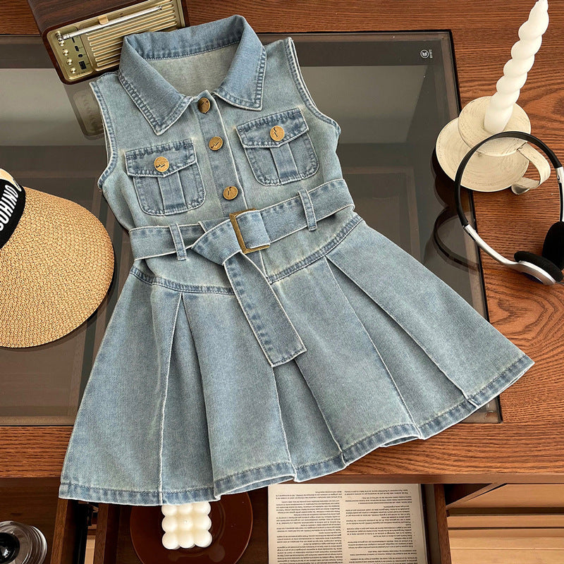 Children's Sleeveless Western Style Summer Denim Little Children's Dress