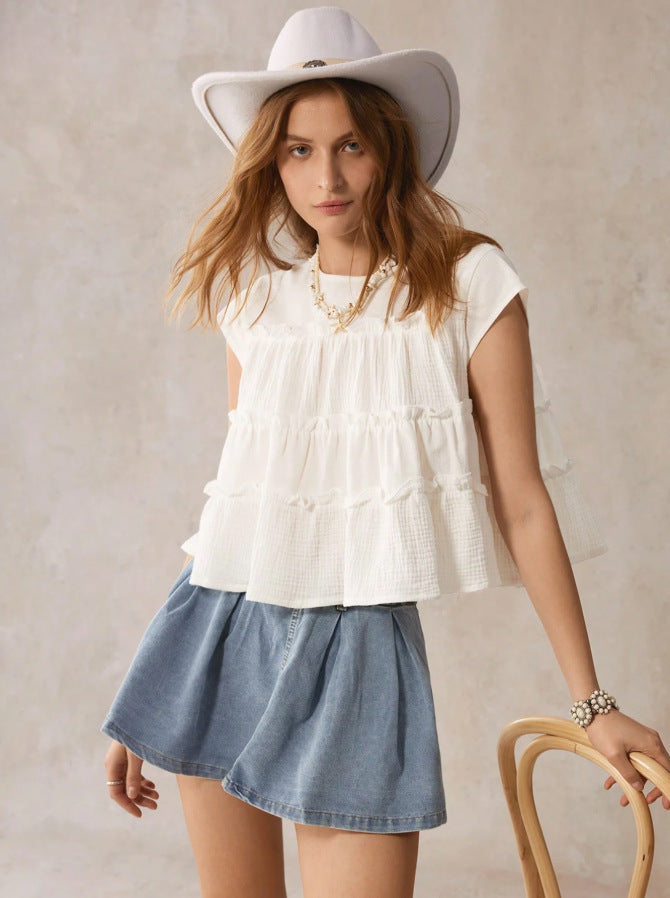 Women's Summer Loose All Cotton Stitching Doll Blouse