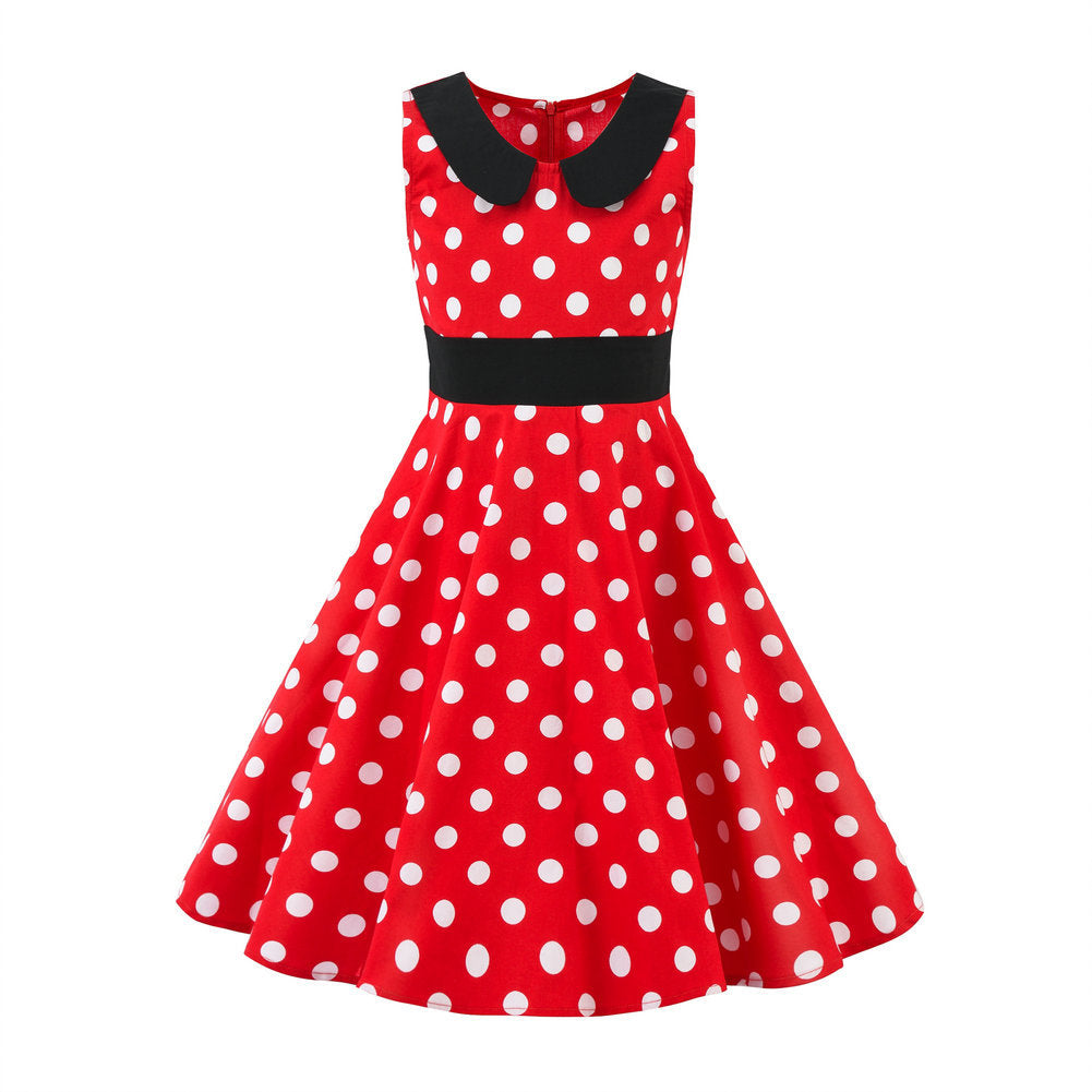 Retro Polka Dot Doll Collar Cinched Sleeveless Daily Children's Dress
