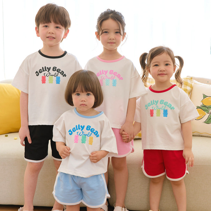 Children's Solid Color Bear Printing Two Casual Fashion Fashionable Short Children's Suit