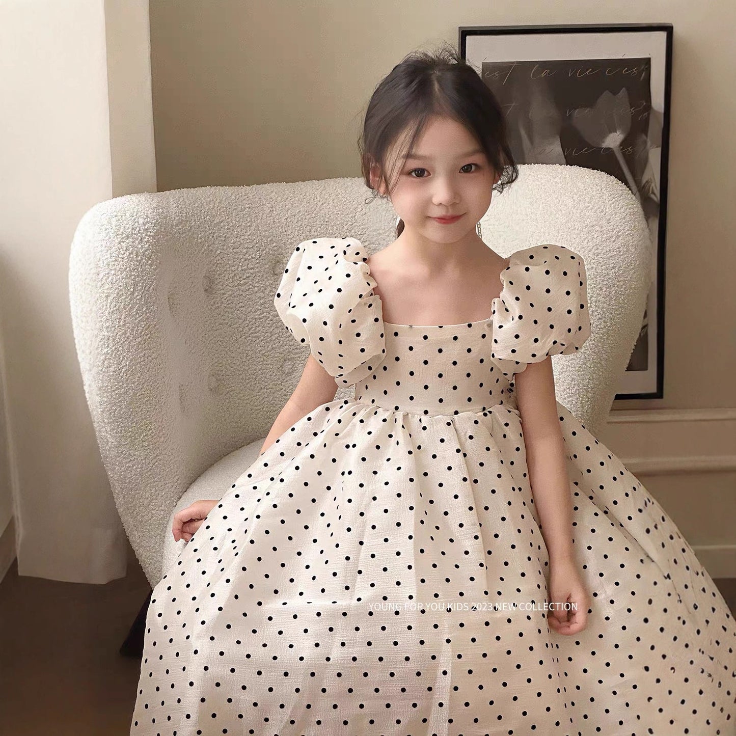Summer Polka Dot Pearl Yarn Princess Puff Sleeve Swing Children's Dress