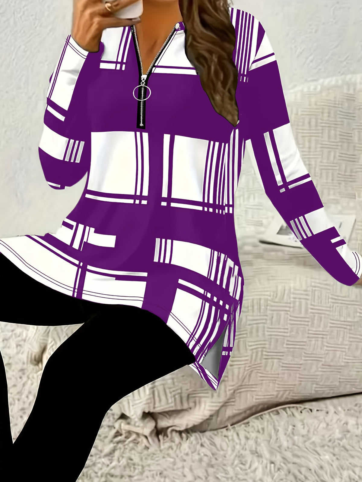 Women's Elegant Color Block Long Sleeve Zipper Shirt Digital Large Size T-shirt
