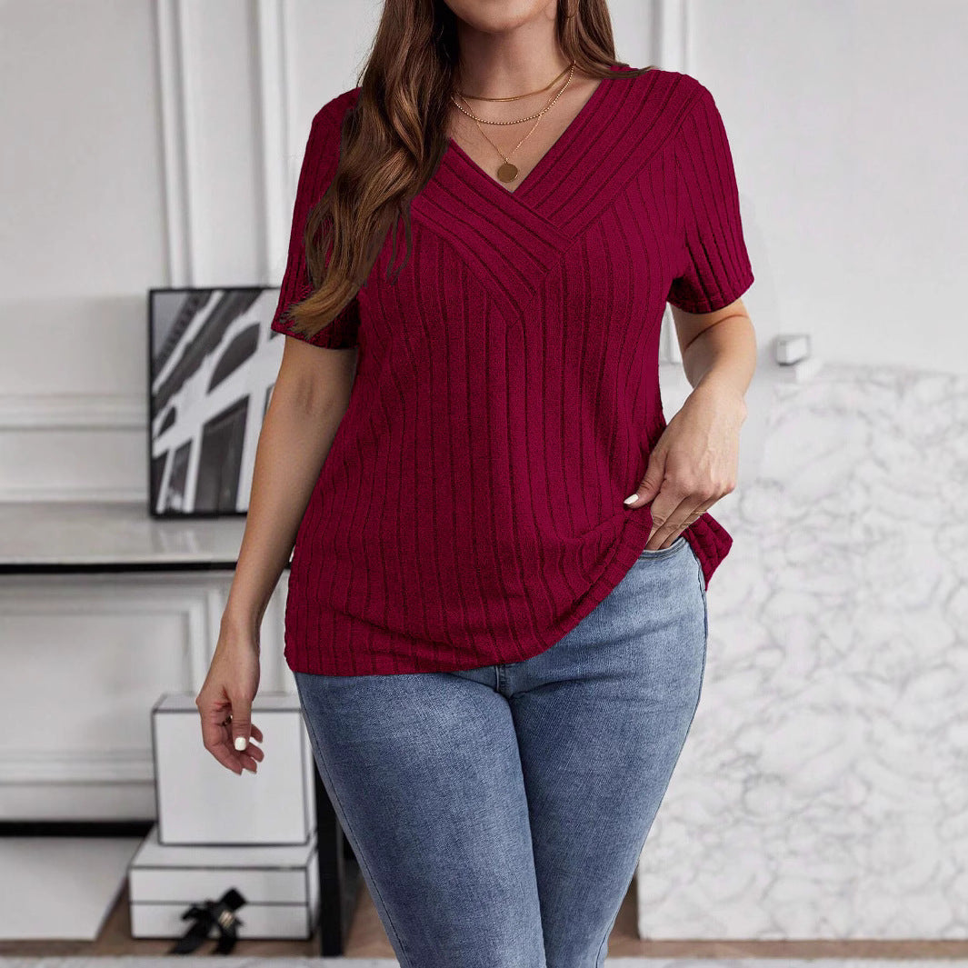 Spring Sleeve Brushed Sunken Stripe Solid Color Large Size T-shirt