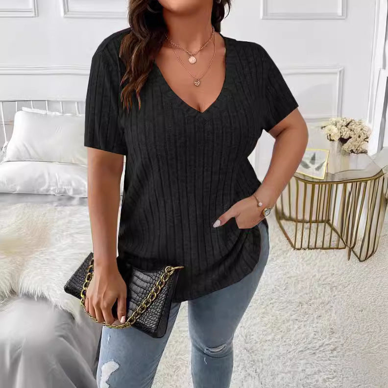 Women's Solid Color Elegant Sunken Stripe Sleeve Women's T-shirt