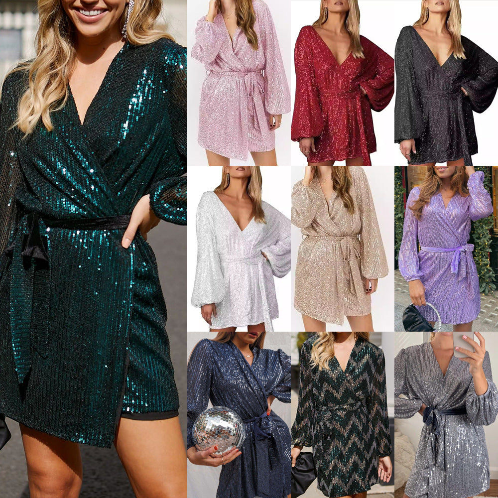 Women's Sequined Mini Slim Dress Collar Long-sleeved Bubble Sleeve Glitter Wrap-around Skirt
