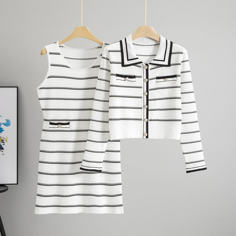 Women's Long Sleeve Striped Dress Two-piece Set Wool Fashion Casual Suit