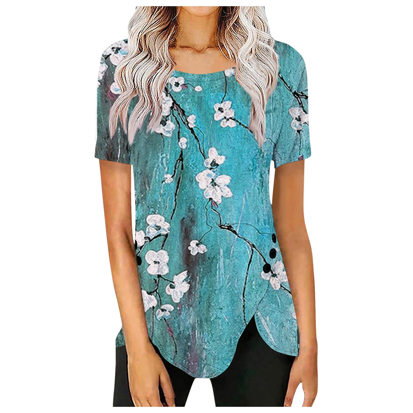 Women's Retro Button Gradient Printing Round Neck Shorts