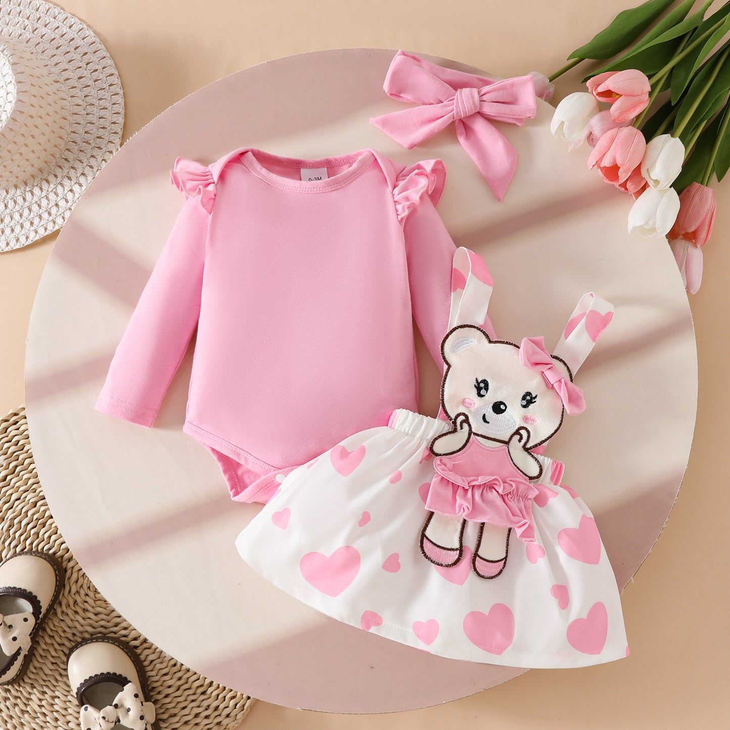 Cute Cartoon Bear Love Solid Color Short Sleeve Top Suspender Children's Suit