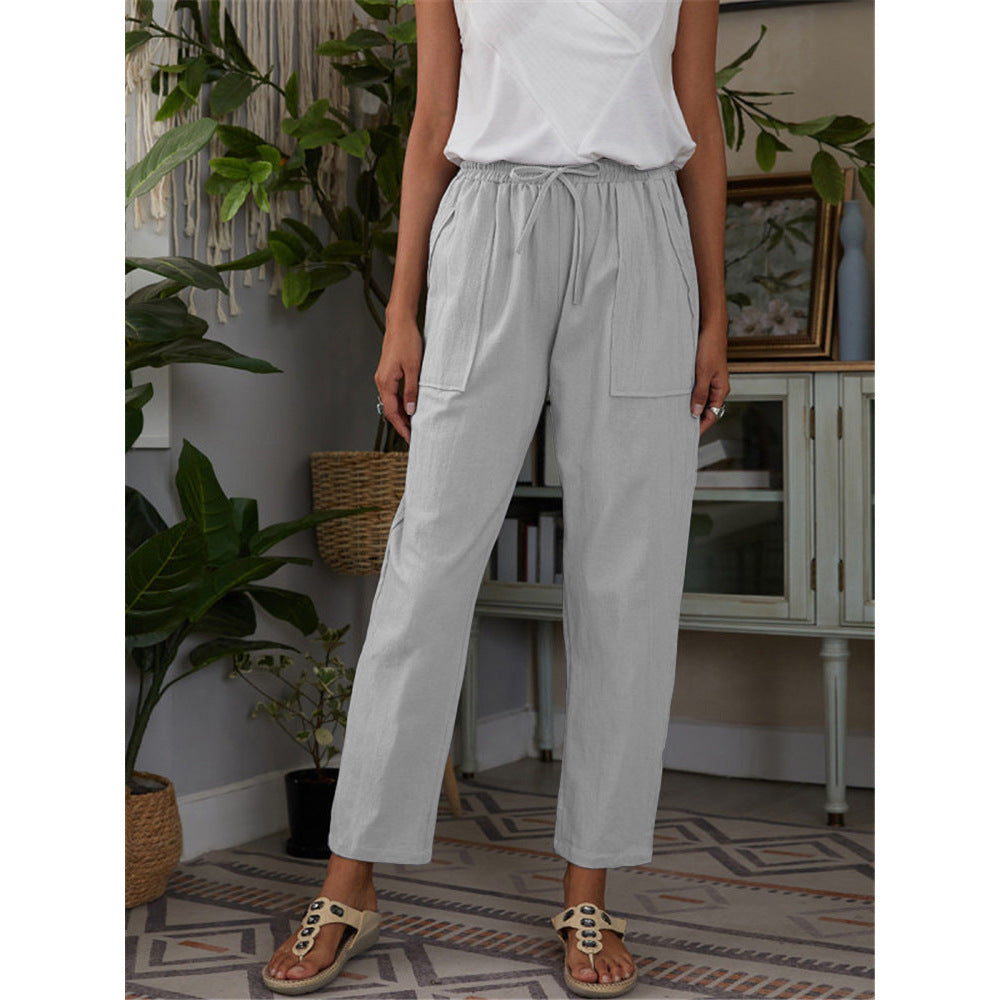 Women's Solid Color Large Pocket Elastic Waist Cotton Linen Casual Pants