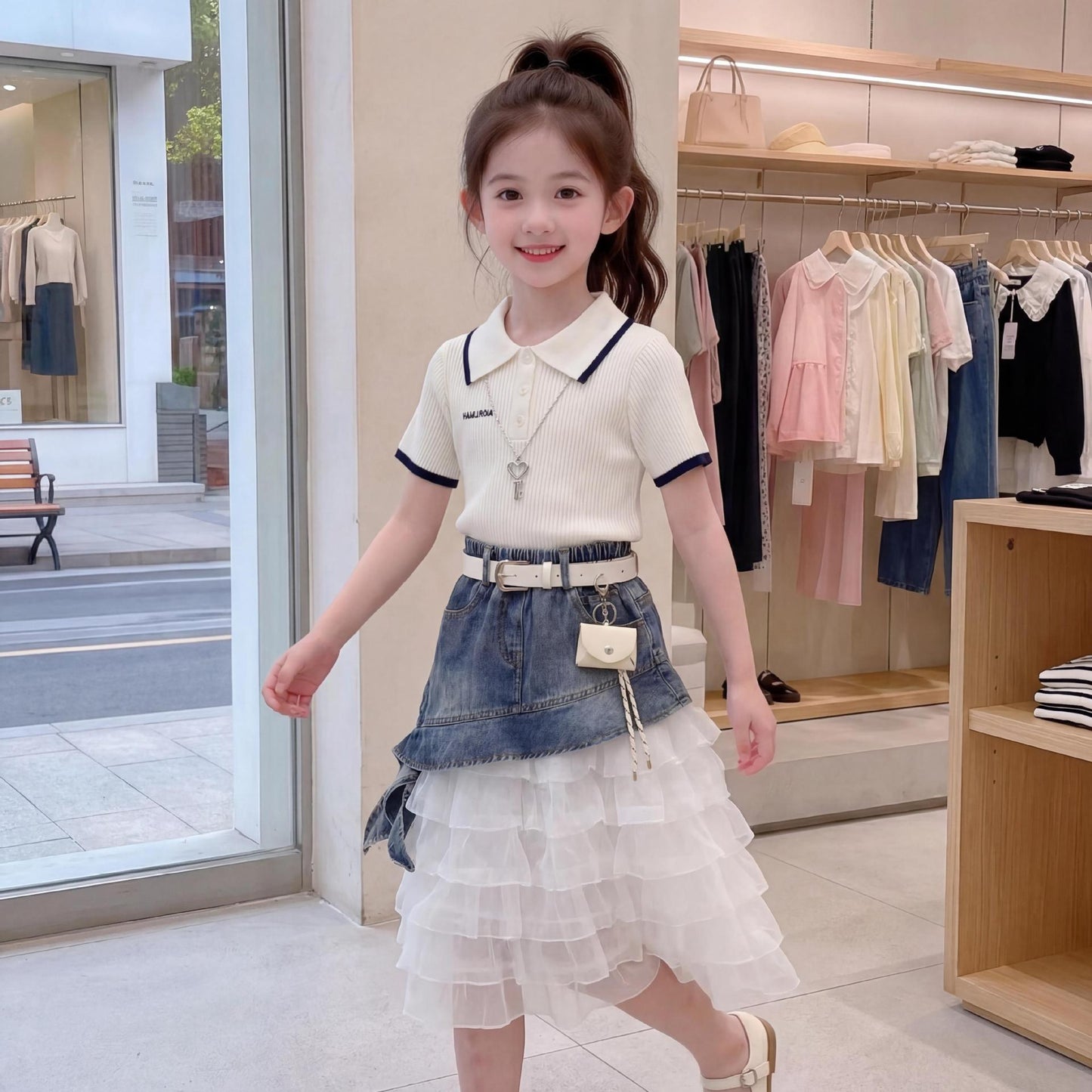 Sleeve Oblique Denim Skirt Two-piece Fashion Children's Suit