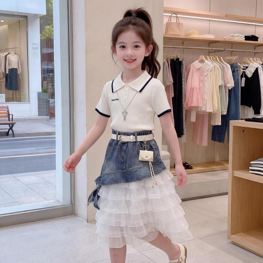 Sleeve Oblique Denim Skirt Two-piece Fashion Children's Suit