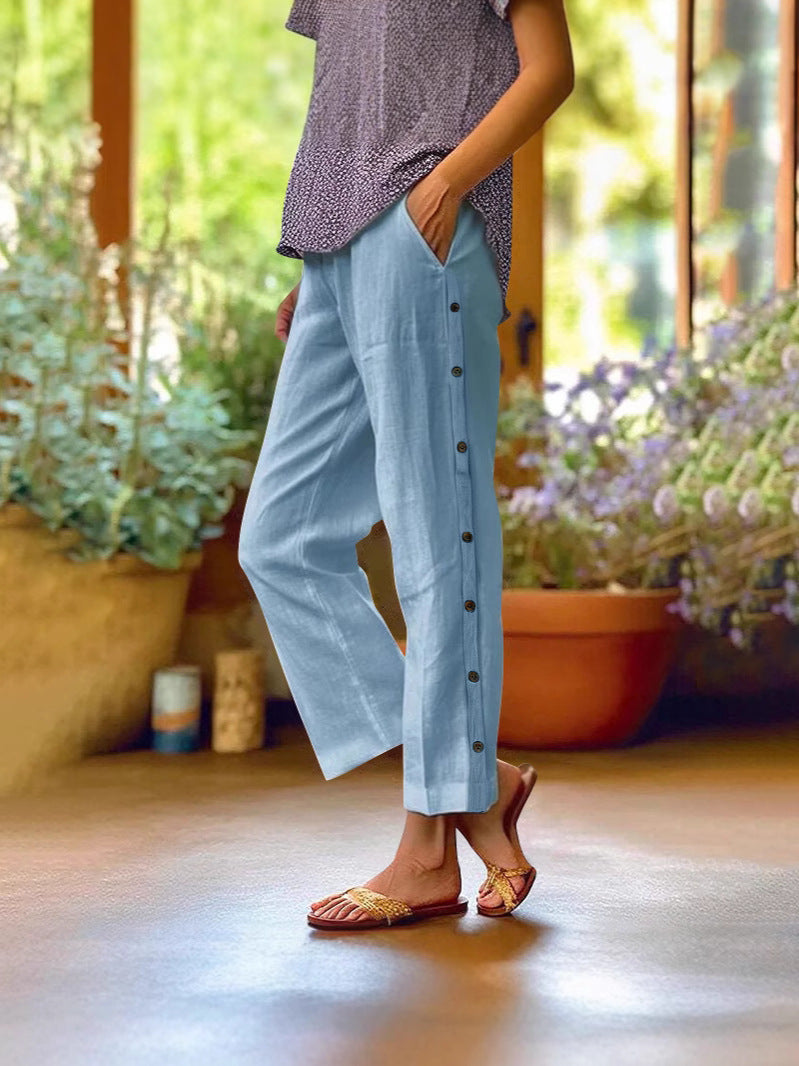 Holiday Slim Looking Cotton Linen Breathable Cropped Featured Fastener Casual Pants