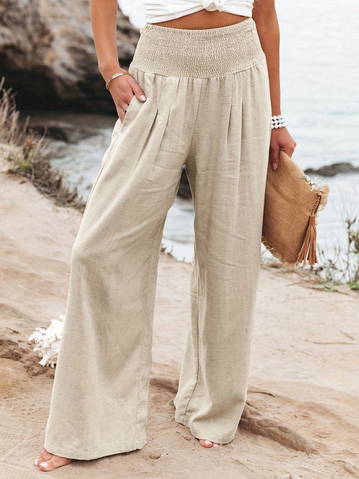 Women's Cotton Linen Pure Color Elastic Waist Wide Leg Casual Pants