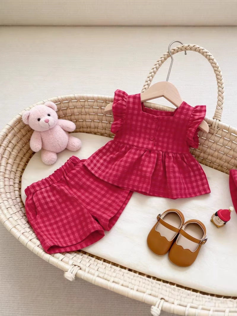 Summer Flounced Sleeve Plaid Fashion Western Children's Suit