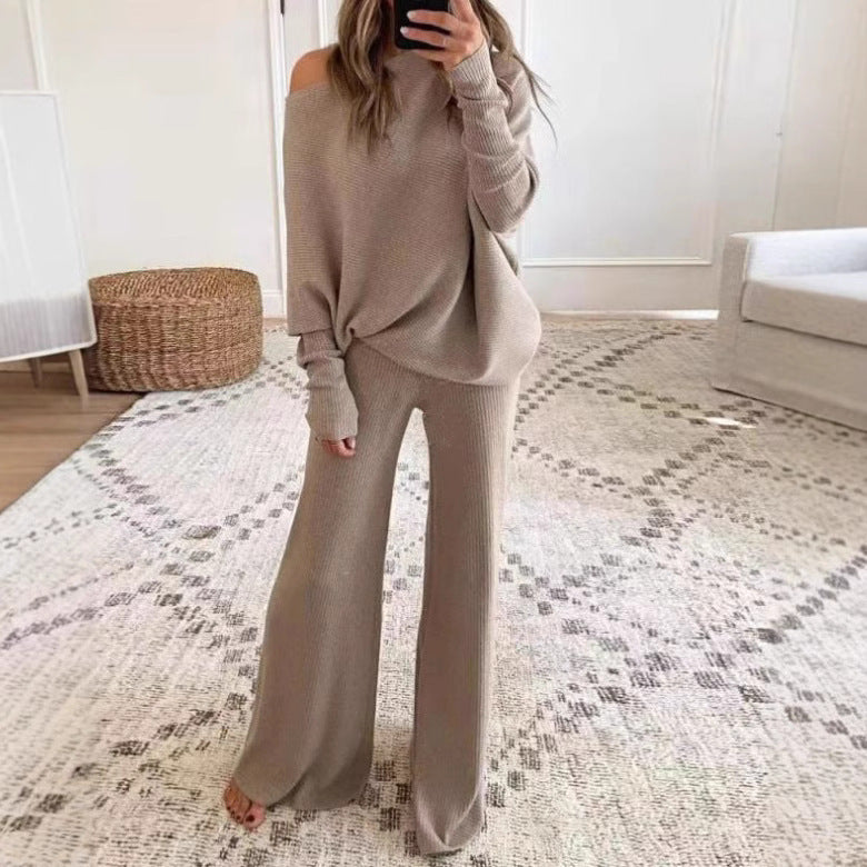 Simple Batwing Sleeve Long Drawstring High Waist Wide Leg Trousers Suits