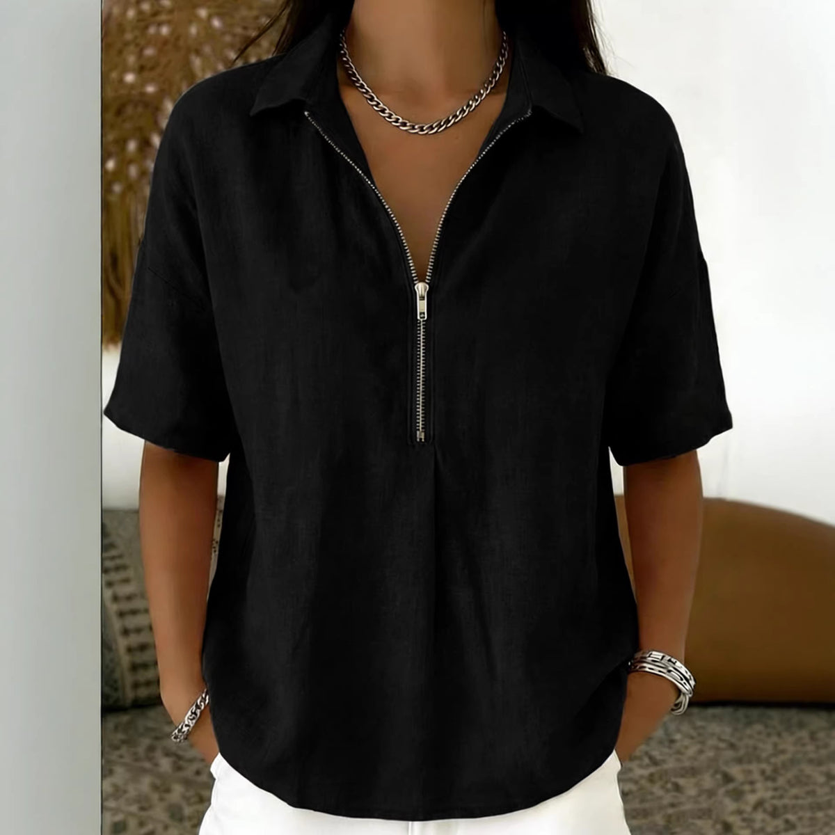 Women's Summer Shirt Fashion Solid Color Zipper Women's T-shirt