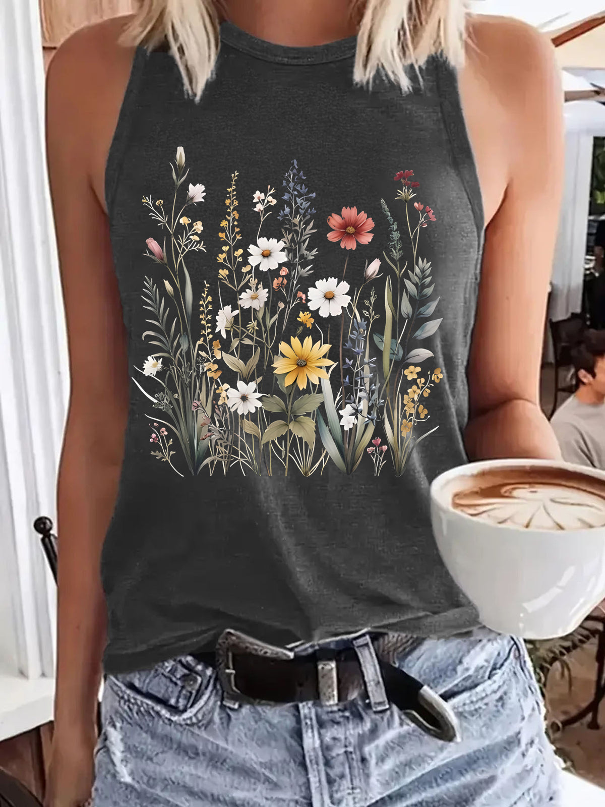 Women's Floral Print Sleeveless T-shirt Round Neck Pullover Small Vest/suspenders/tube Top