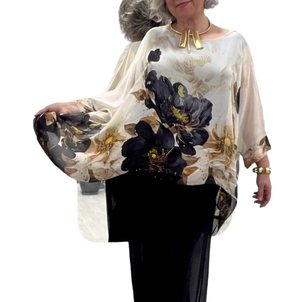 Summer Loose Round Neck Long Sleeve Irregular Large Lace Shirt, Chiffon Shirt