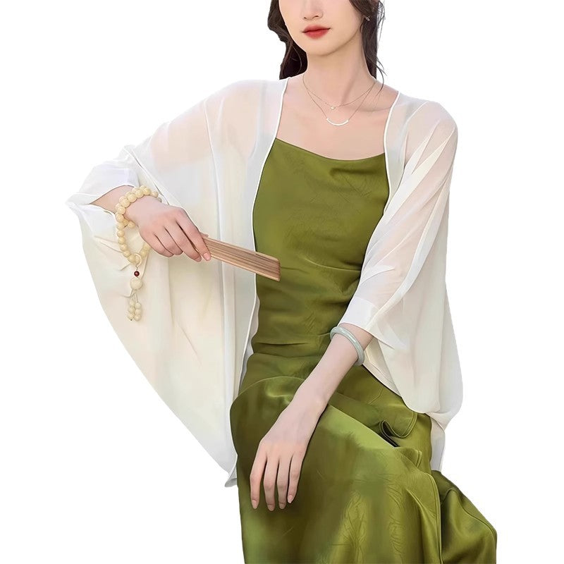 Women's Fashionable Summer Dress Outer Shawl Breathable Tulle Air Lace Shirt, Chiffon Shirt