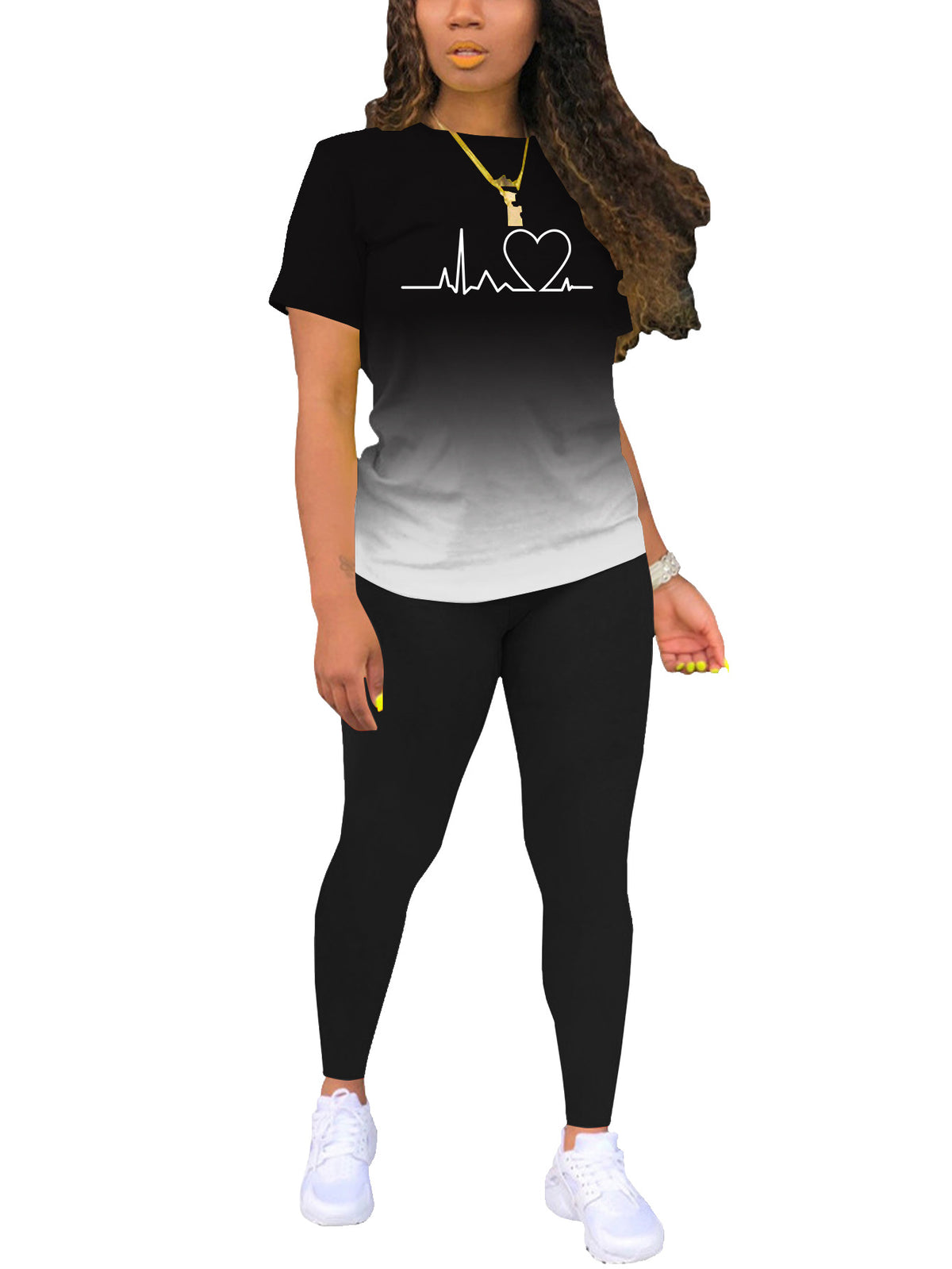 Women's Solid Color Gradient Printing Round Neck Sleeve T-shirt Fashion Casual Suit