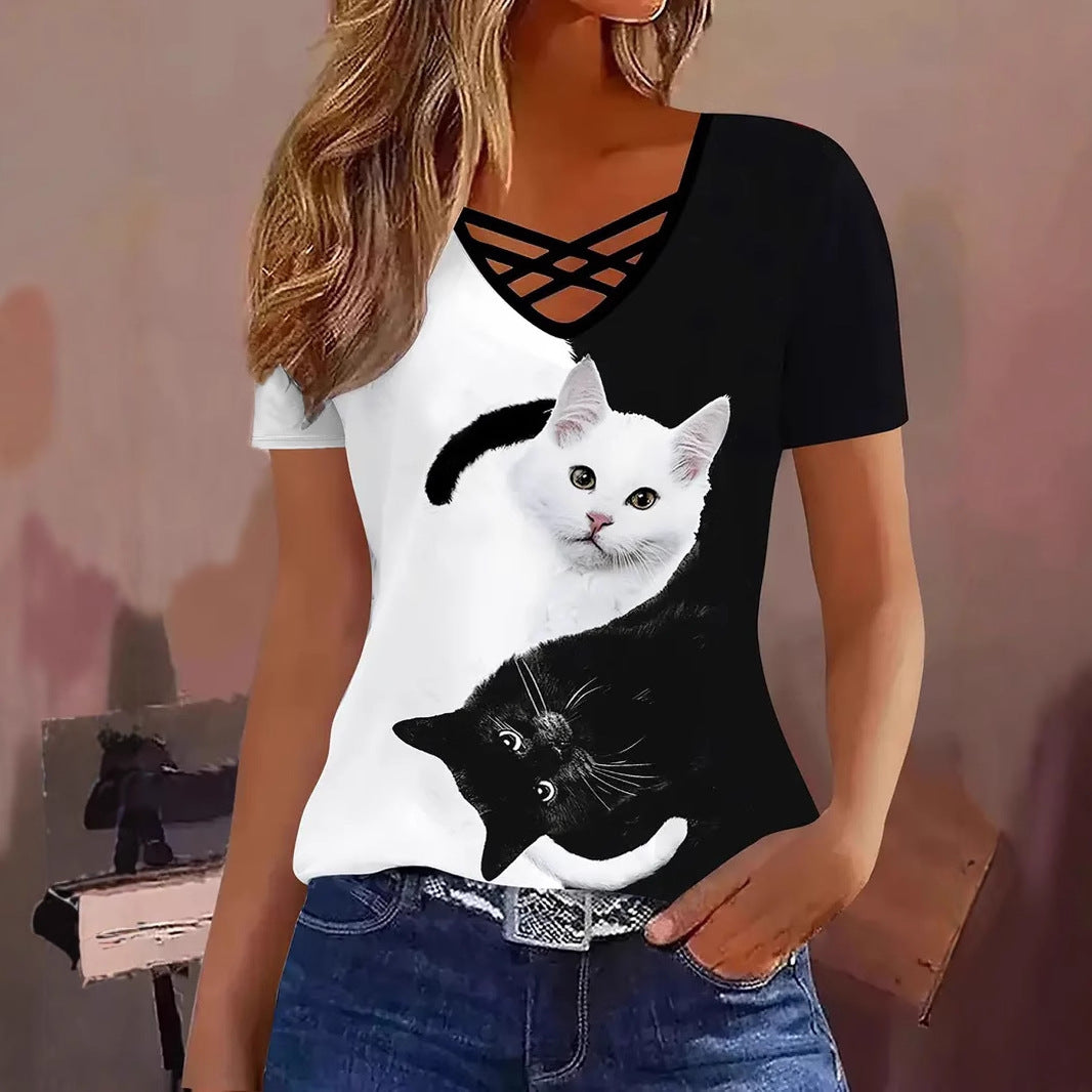 Women's Cross Striped Elegant Casual Short-sleeved Women's T-shirt