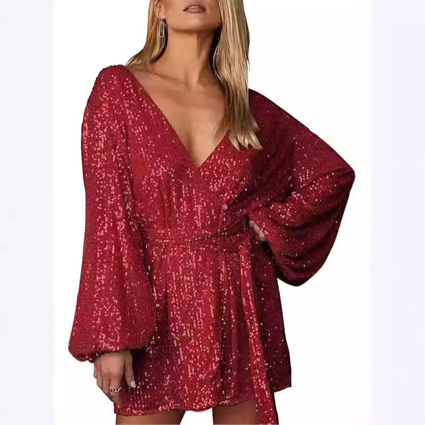 Women's Sequined Mini Slim Dress Collar Long-sleeved Bubble Sleeve Glitter Wrap-around Skirt