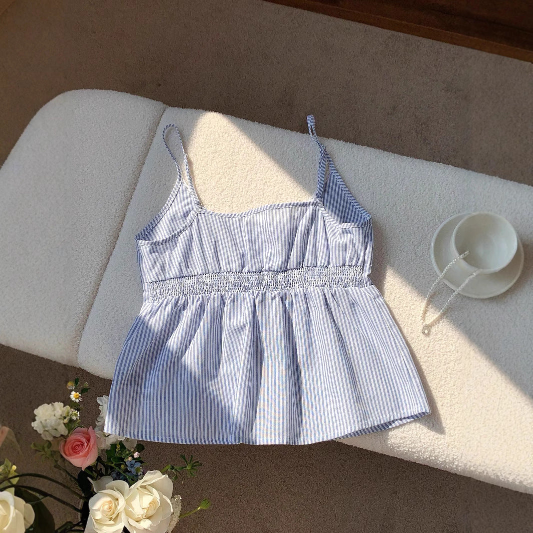 Fashionable Blue Striped Lace Collar Camisole Small Vest/suspenders/tube Top