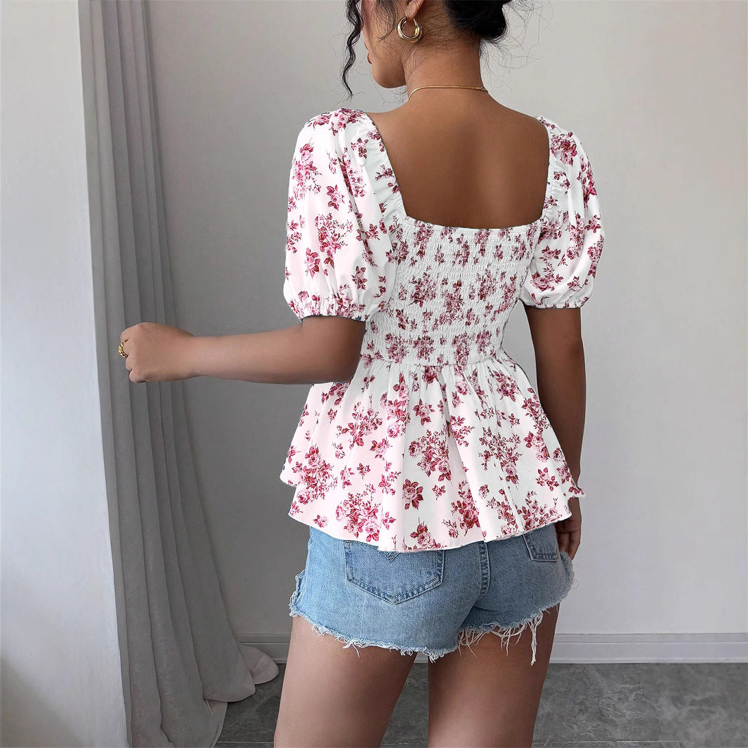 Women's Collar Fashion Slim Sexy Smocking Printed Lace Shirt, Chiffon Shirt