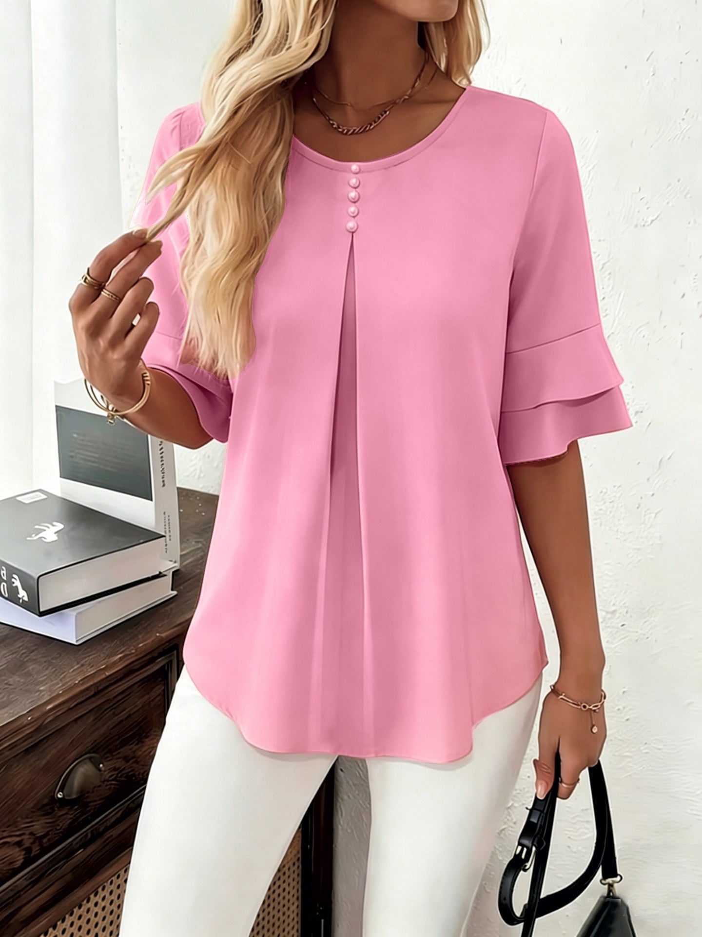Women's Casual Comfortable Loose Slimming Double Layer Ruffled Blouse